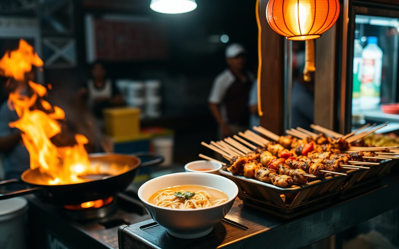 Thailändische Straßenküche mit Khao Soi und Grillspießen