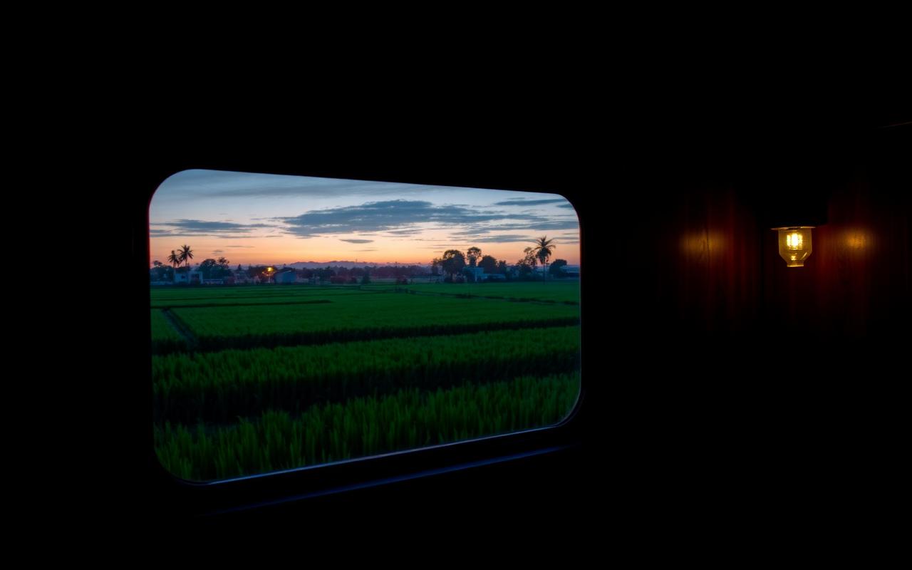 Blick aus dem Nachtzug über Reisfelder