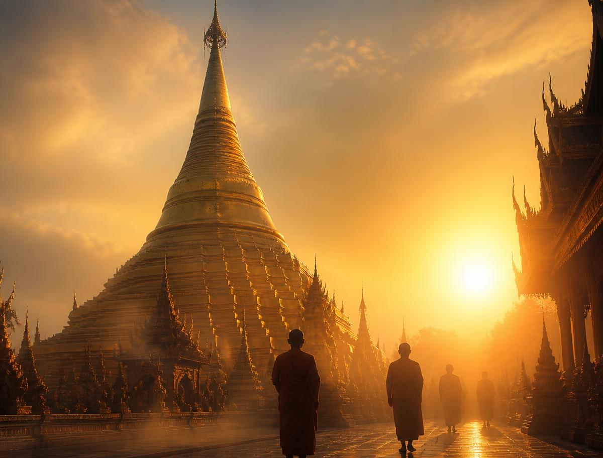 Goldener Chedi im Sonnenuntergang mit Silhouetten von Mönchen